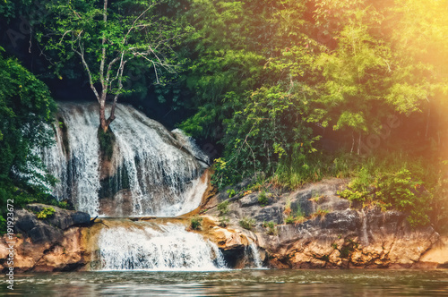 Deep forest waterfall in the wild tropical forest. The shoreline of the river. Toned. Sunny summer