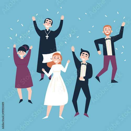 Wedding party. Happy guests, fiance, bride and priest are dancing and full of joy after ceremony. Groom and fiancee become wife and husband. Flat vector illustration.