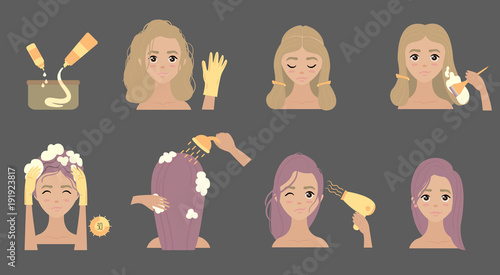 Hair coloring and styling process. Young girl shows 8 Steps of how to change hair color in salon or at home. From blonde to violet or lilac. Vector illustration. Tutorial