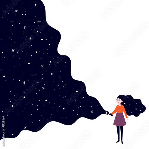 A young girl holding a flashlight shines in the dark and open deep space, stars and sky. Concept of searching, adventure, secrecy and nightdreams. Background is white. Vector flat illustration