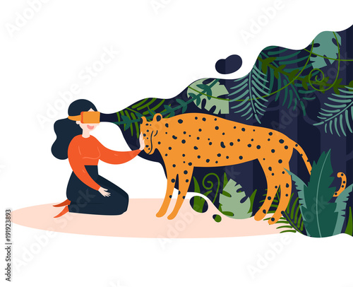 VR glasses vector illustration. Girl in virtual glasses on white background. In the filed of view are jungles and she strokes digital leopard. Concept of augmented reality. Vector flat illustration
