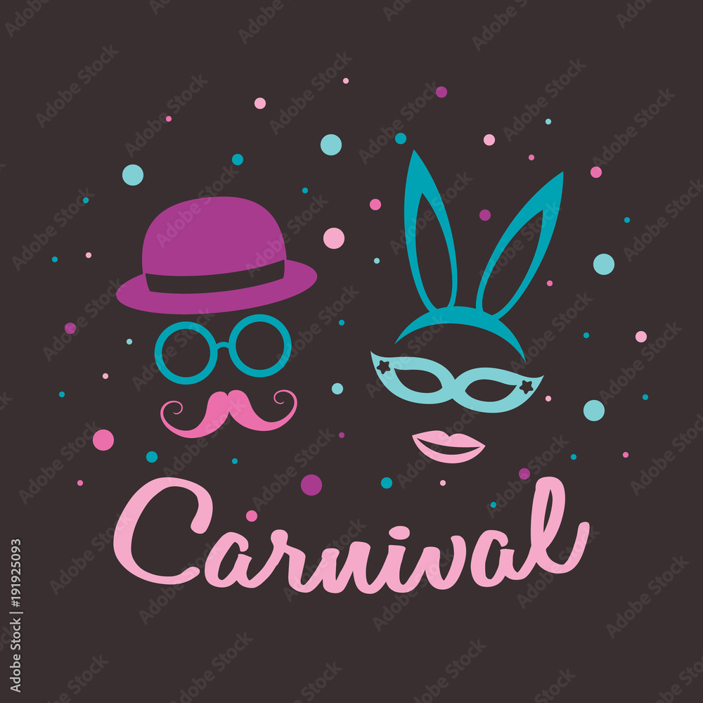 Fototapeta premium Carnival Party - colourful poster with funny icons. Vector.