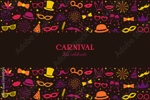 Carnival - let's celebrate. Banner with colourful party icons. Vector.