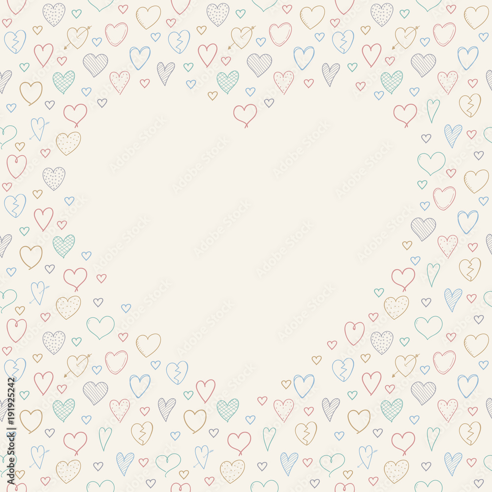 Background with hand drawn hearts and copyspace. Concept of a card for Valentine's Day, Mother's Day or Women's Day. Vector.