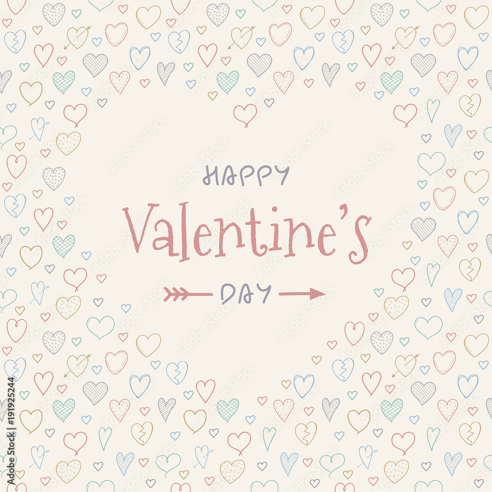 Cute card for Valentine's Day with hand drawn hearts. Vector.