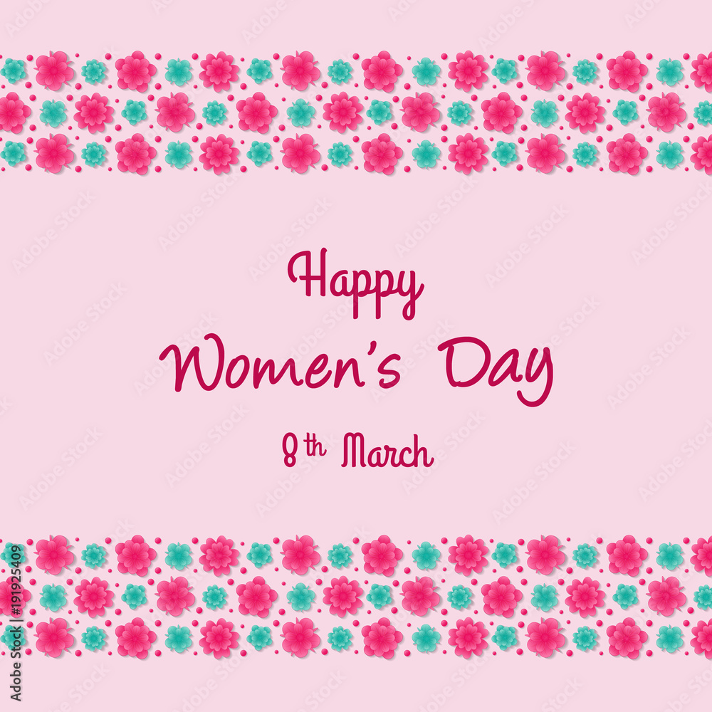 Women's Day - shiny card with colourful flowers. Vector.