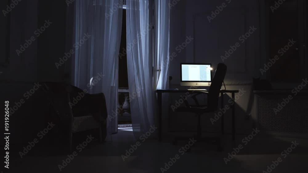 Computer screen glowing in old style empty apartment, black cat on window sill, curtain shakes on wind Computer screen glowing in old style empty apartment, black cat on window sill, curtain shakes on wind