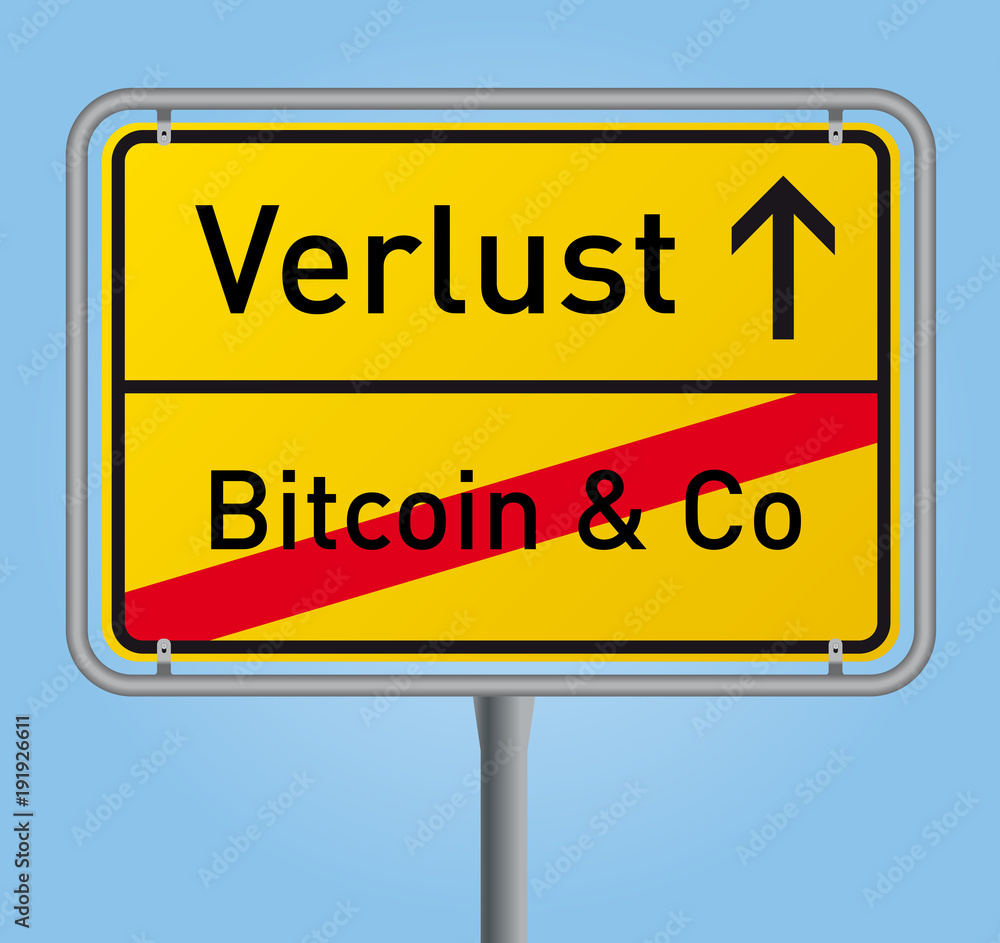 gelbes Ortsschild Verlust mit Bitcoin-Ende gelbes Ortsschild Verlust mit Bitcoin-Ende