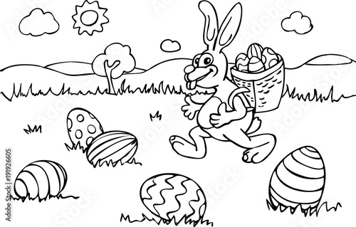 Malvorlage Osterhase mit Korb läuft über Wiese mit Eiern