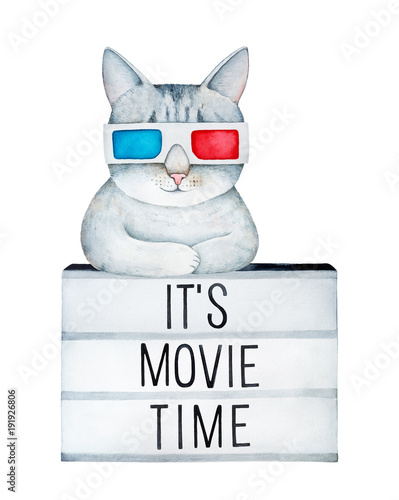 Plakat Portret Pussycat w anaglyph czerwone cyjan okulary 3D, leżące na pokładzie znak lightbox z czarnym tekstem "It's Movie Time". Uśmiechnij się, baw się dobrze. Ręcznie rysowane akwarela, rysunek na białym tle, na białym tle.