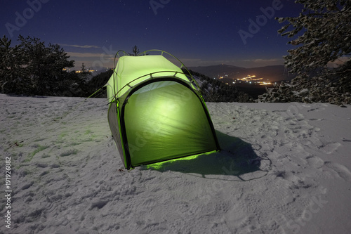 Illuminated Tent In Winter Etna Park, Sicily