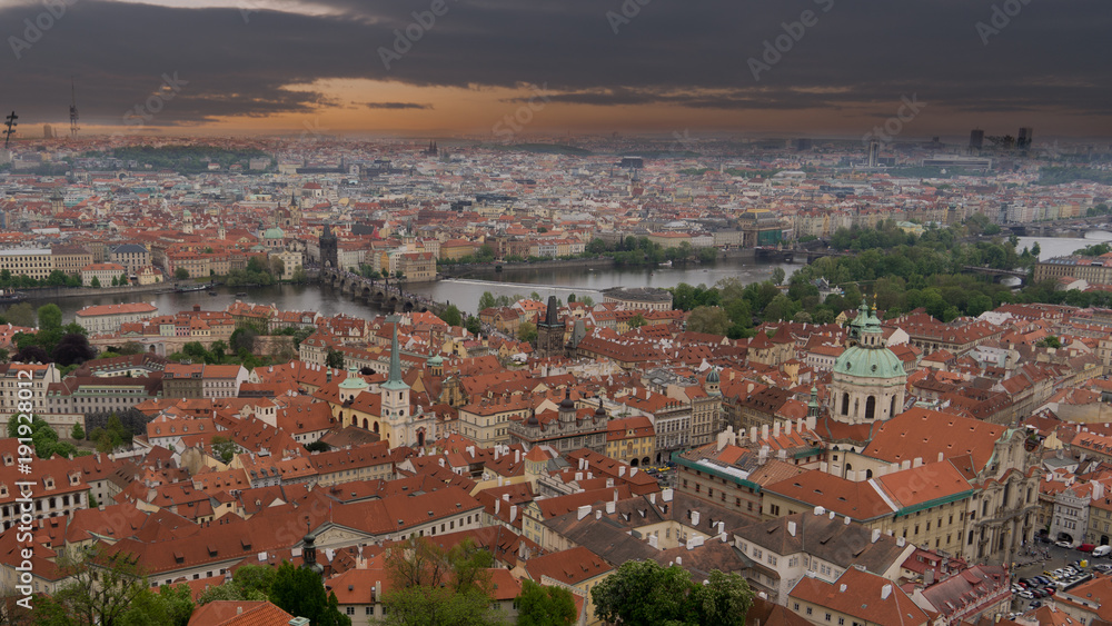 aerial view of prague during near sunset time