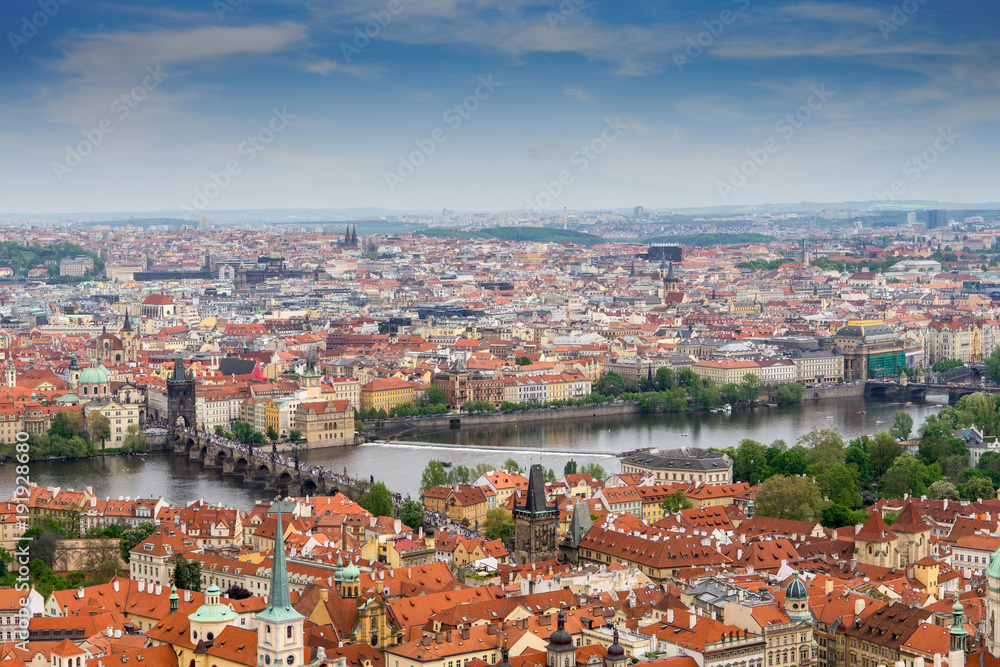Panorama view of Prague with Vltava river, Charles bridge