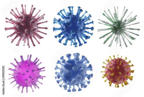 Collection of viruses isolated on white background. 3D rendered illustration.