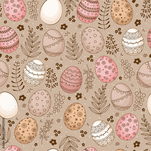 Seamless Easter pattern with doodle ornamental eggs and floral motifs. Vintage spring easter holiday colorful background. Eggs, flowers, branches and berries.
