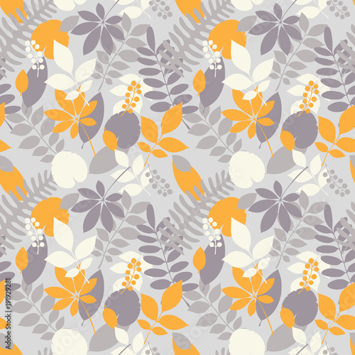 Tropical jungle trendy seamless pattern with exotic palm leaves and berries, leaf branches. Vector spring or summer floral endless background. Ideal for textile