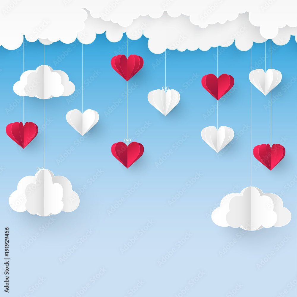 Modern 3d origami paper art background with red and white heart balloons and fluffy clouds. Valentine's day, wedding invitation, banner