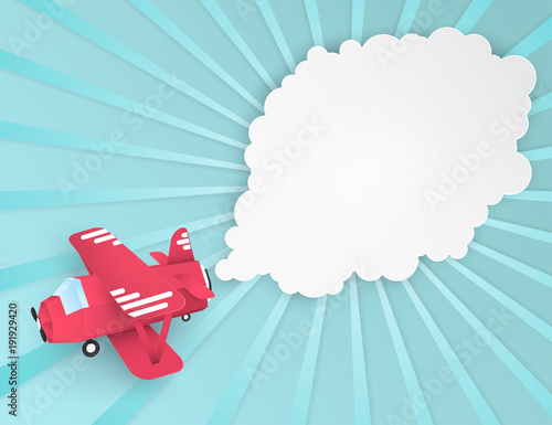 Airplane aerial view paper art with paper cloud ( speech bubble ) for text. Flying origamy paper art red plane. Blue sky background with fluffy cloud and rays