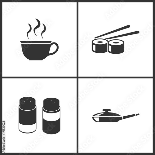 Vector Illustration Set Medical Icons. Elements of Cup, Sushi, Salt and pepper and Pan icon