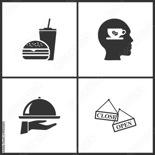 Vector Illustration Set Medical Icons. Elements of Fast Food, Cup of coffee, Tray on the hand and Open Close banner icon
