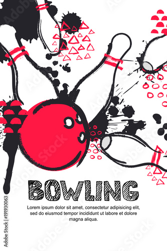 Vector bowling tournament watercolor illustration. Poster, banner, or flyer design template. Flat layout background with red bowling ball and pins.