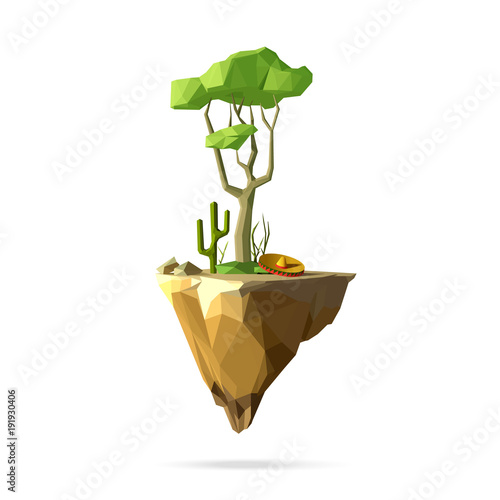 Polygonal flying island, tree, cactus, sombrero. Mexican landscape.