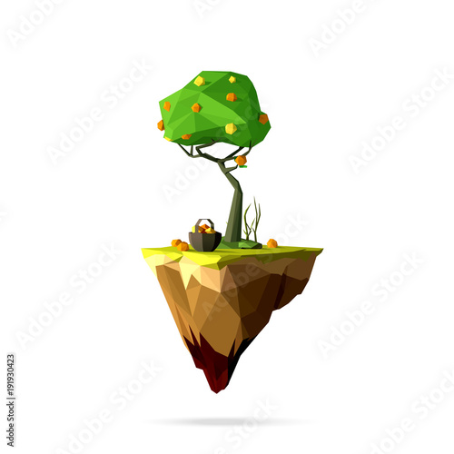 low poly flying island with orange tree, basket of orange , green grass. Vector modern illustration, isolated
