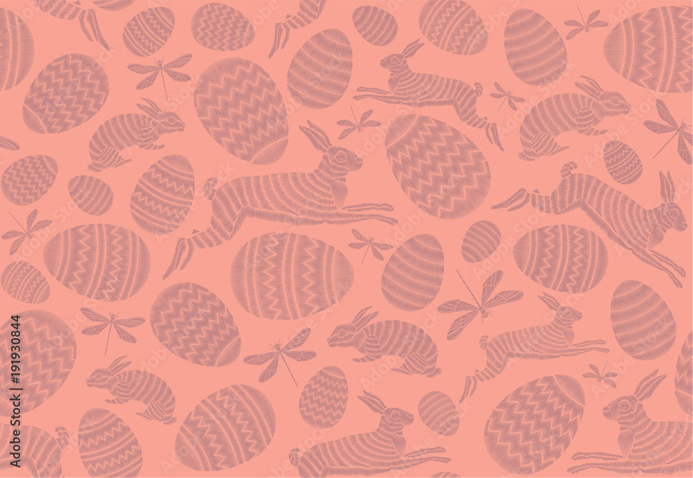 Easter hunt. Seamless Easter pattern. Rabbits and eggs on a pink background. Festive decor. Easter hunt. Seamless Easter pattern. Rabbits and eggs on a pink background. Festive decor.