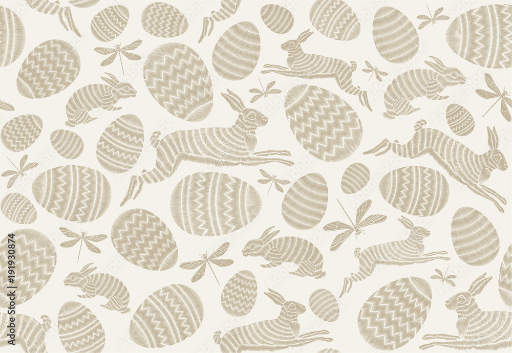 Seamless Easter pattern. Easter hunt. Gold Rabbits and eggs on a light background. Festive decor. Seamless Easter pattern. Easter hunt. Gold Rabbits and eggs on a light background. Festive decor.