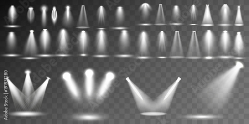 Scene illumination different shapes and projections collection, transparent special effects. Bright lighting with spotlights.