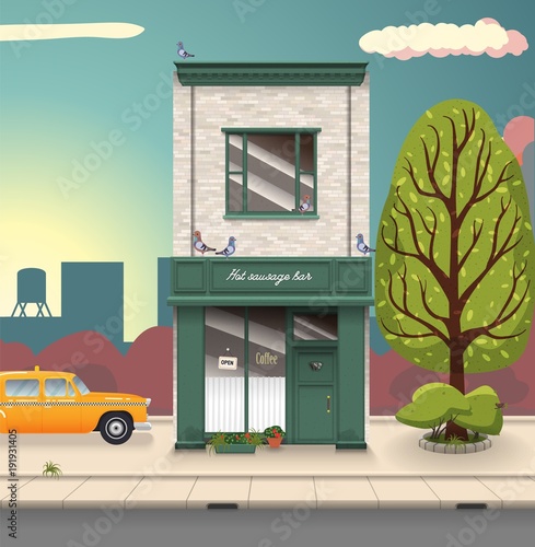 Illustration of a city landscape with cafe bar taxi cab and tree. Flat art style. Housing, real estate market, architecture design, property investment concept banner.