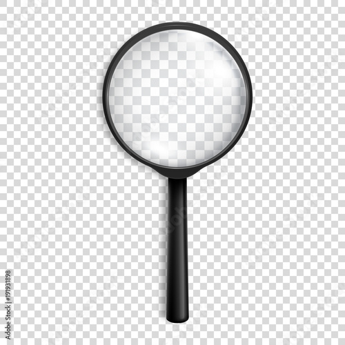 Photo-realistic vector 3d black magnifying glass or Loup icon closeup isolated on transparency grid background. Design template for graphics