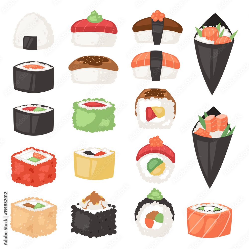 Japanese food vector sushi sashimi roll or nigiri and appetizer with ...