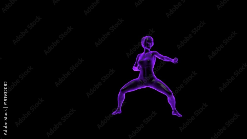 Woman training martial arts, human female figure performing karate kata on black background, 3D animation Woman training martial arts, human female figure performing karate kata on black background, 3D animation