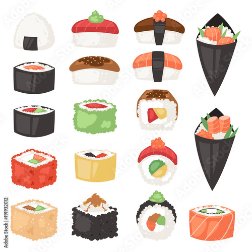 Japanese food vector sushi sashimi roll or nigiri and appetizer with seafood rice in Japan restaurant illustration Japanization cuisine set isolated on white background
