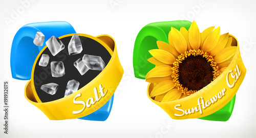 Salt, sunflower oil. Labels 3d realistic vector, package design