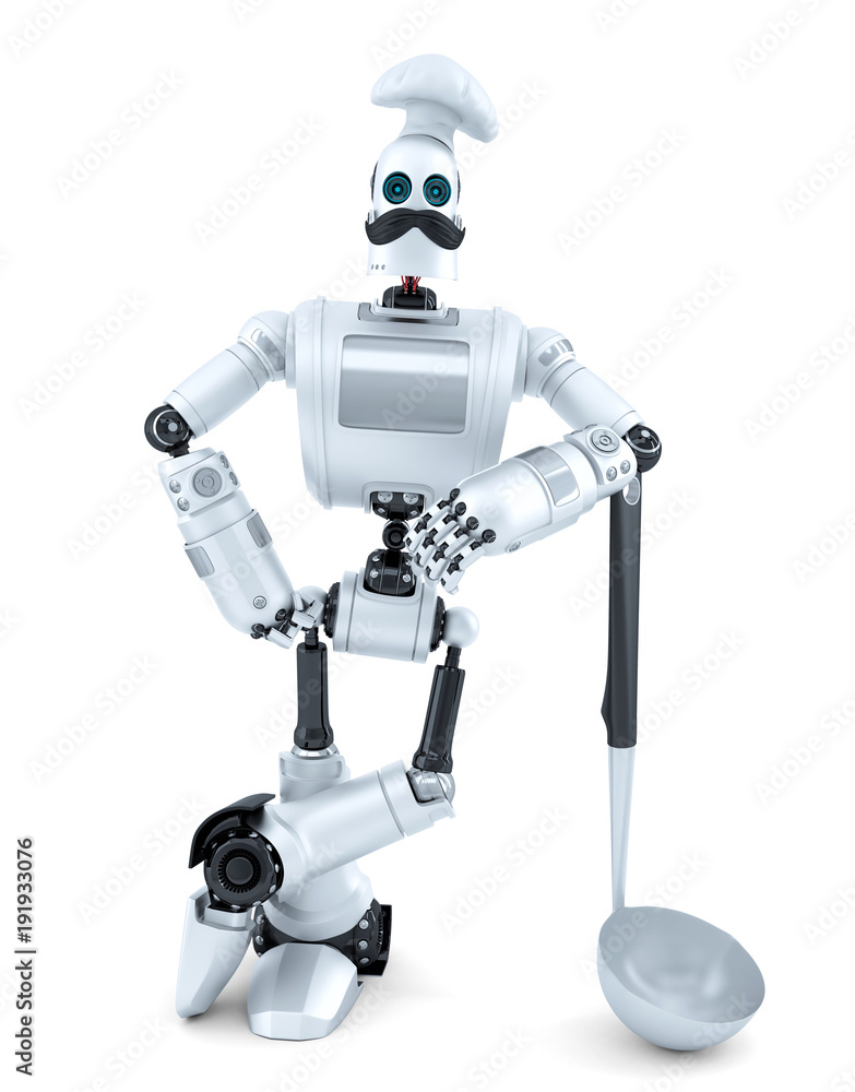 Naklejka premium Robot Chef posing with soup ladle. 3D illustration. Isolated. Contains clipping path