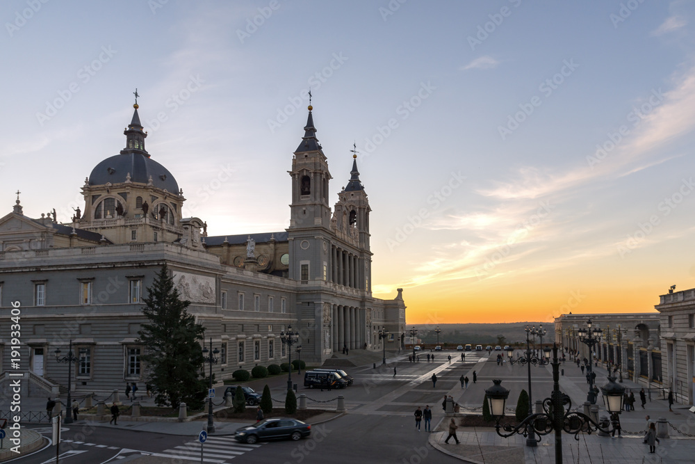 Amazing Sunset view of Almudena Cathedral in City of Madrid, Spain