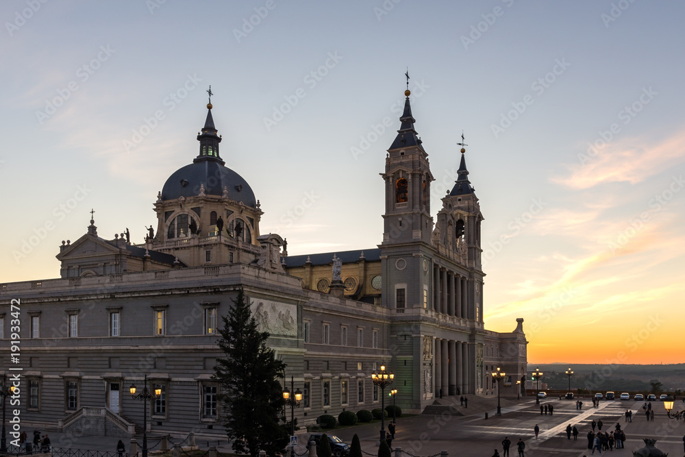 Amazing Sunset view of Almudena Cathedral in City of Madrid, Spain