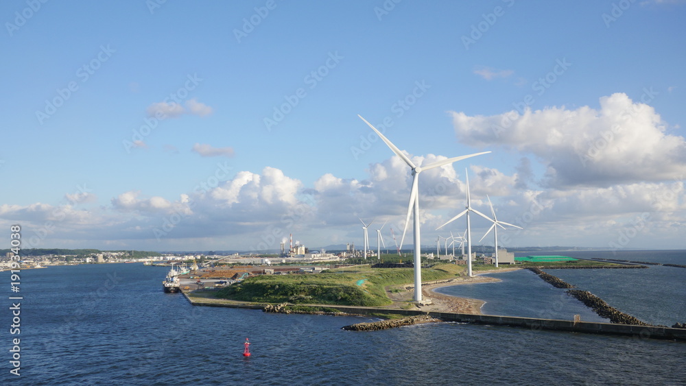 wide shot of the wind mill or turbines for clean recycle energy