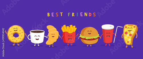 Cute fast food burger, soda, french fries and pizza. Sweet coffee, croissant, donut.