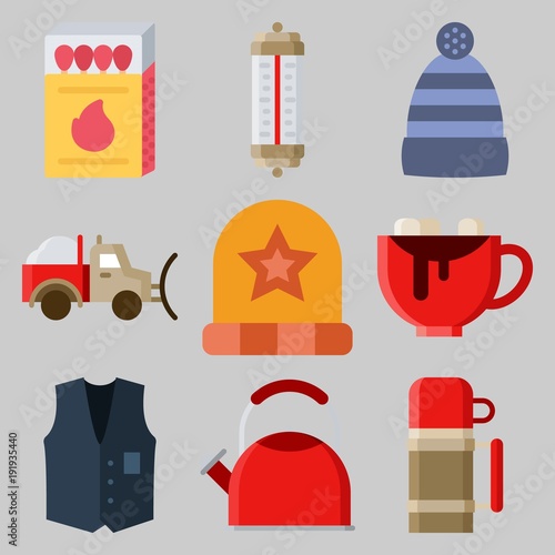 Icons set about Winter with thermo, thermometer, winter hat, hot chocolate, snowplow and matches