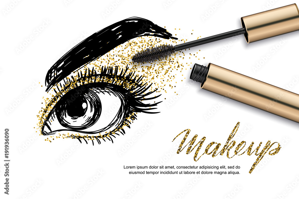 Vektorová grafika „Vector sketch illustration of female eye and makeup  mascara. Golden glitters eyeshadows, holiday luxury makeup. Concept for  beauty salon, cosmetics label, visage and makeup.“ ze služby Stock | Adobe  Stock