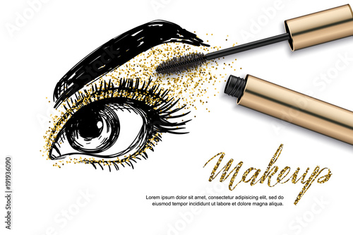 Vector sketch illustration of female eye and makeup mascara. Golden glitters eyeshadows, holiday luxury makeup. Concept for beauty salon, cosmetics label, visage and makeup.