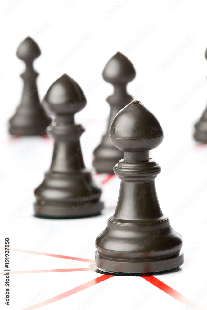 Chess pawn figures connected by red lines over white background Chess pawn figures connected by red lines over white background