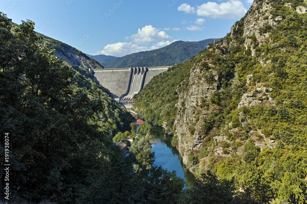 Fototapeta premium Green Forest around Vacha dam, Rhodopes Mountain, Plovdiv Region, Bulgaria