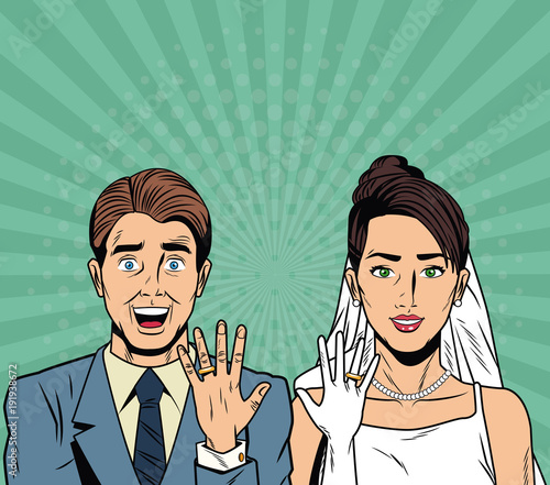 Bride and groom pop art cartoon vector illustration graphic design Weedingd people