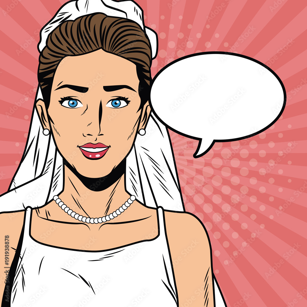 Beautiful bride pop art cartoon vector illustration graphic design Weedingd people