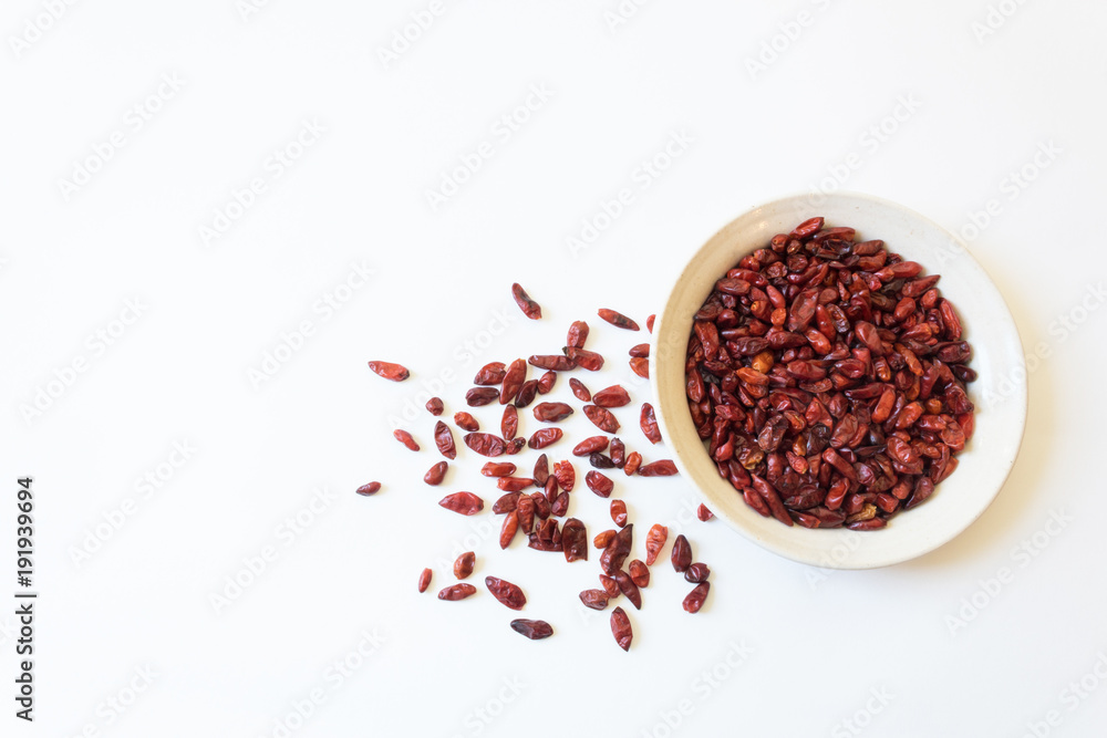 White dish and scattered piquin bird peppers Capsicum annuum Pequin pepper, food ingredient, dried red, isolated on white, horizontal aspect White dish and scattered piquin bird peppers Capsicum annuum Pequin pepper, food ingredient, dried red, isolated on white, horizontal aspect
