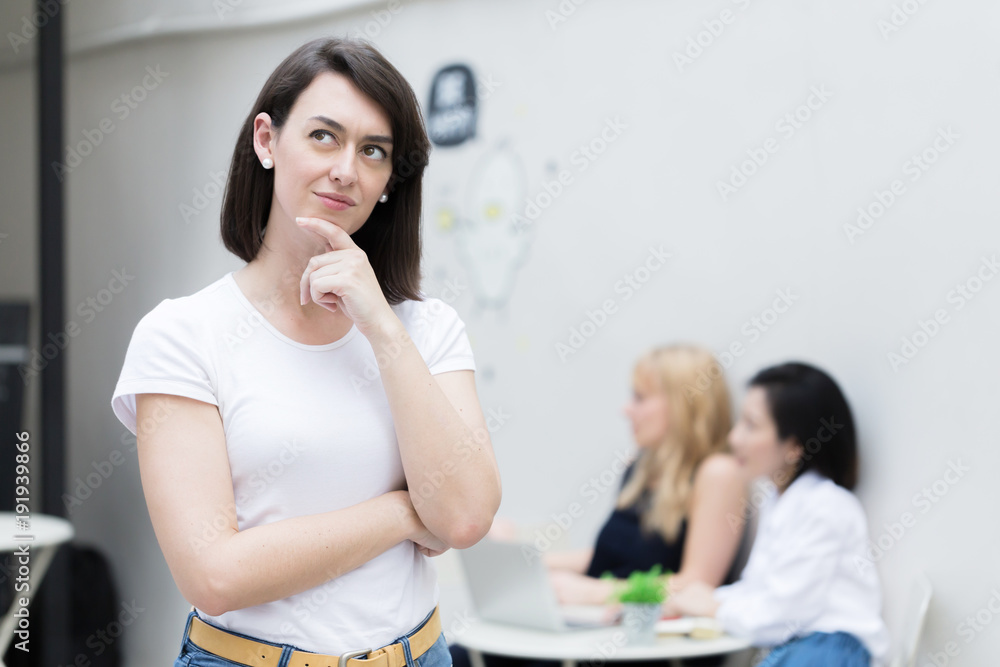 happiness caucasian woman standing with confident with people meeting background portrait profile photo happiness caucasian woman standing with confident with people meeting background portrait profile photo